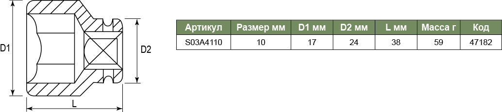 S03A4110 Торцевая головка ударная 1/2DR, 10мм  047182, фото 1