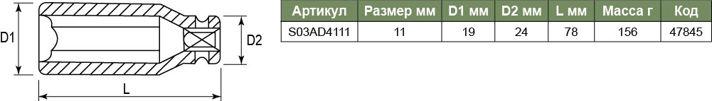S03AD4111 Торцевая головка ударная глубокая 1/2DR, 11 мм  047845, фото 1