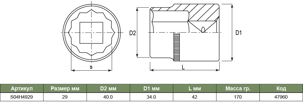 S04H4929 Торцевая головка 1/2DR 12-гр, 29 мм  047960, фото 1