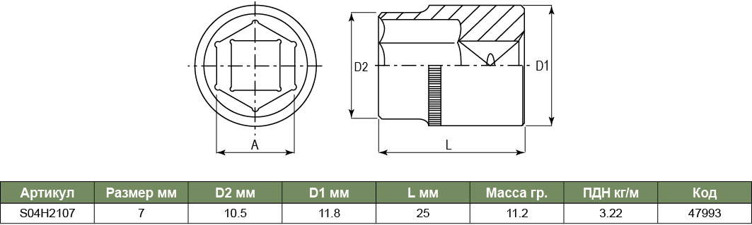 S04H2107 Торцевая головка 1/4DR, 7 мм  047993, фото 1