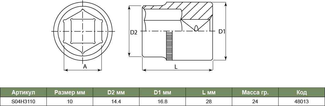 S04H3110 Торцевая головка 3/8DR, 10 мм  048013, фото 1