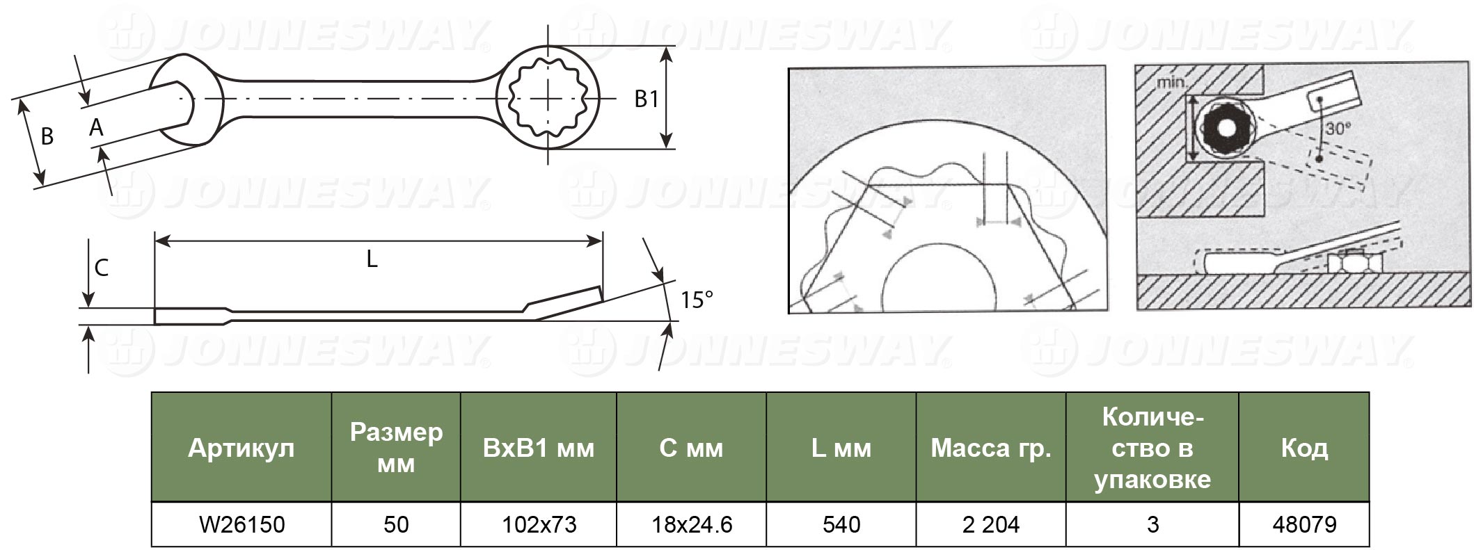 W26150 Ключ комбинированный 50мм  048079, фото 1