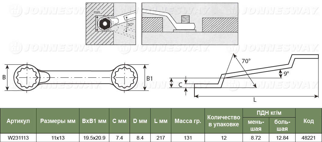 W231113 Ключ накидной 75-гр, 11х13мм  048221, фото 1