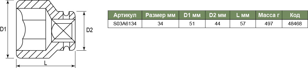 S03A6134 Торцевая головка ударная 3/4DR, 34 мм  048468, фото 1
