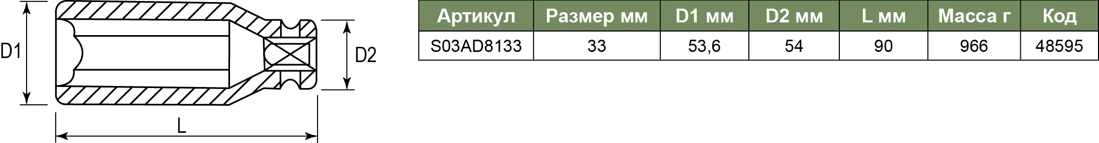 S03AD8133 Торцевая головка ударная глубокая 1DR, 33 мм  048595, фото 1
