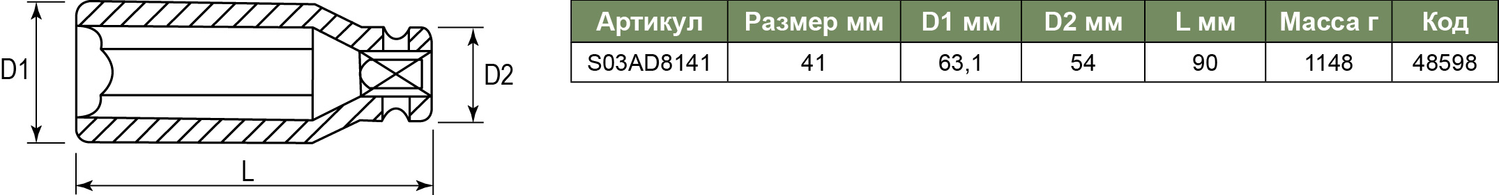 S03AD8141 Торцевая головка ударная глубокая 1DR, 41 мм  048598, фото 1