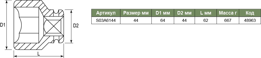 S03A6144 Торцевая головка ударная 3/4DR 44 мм. 048963, фото 1