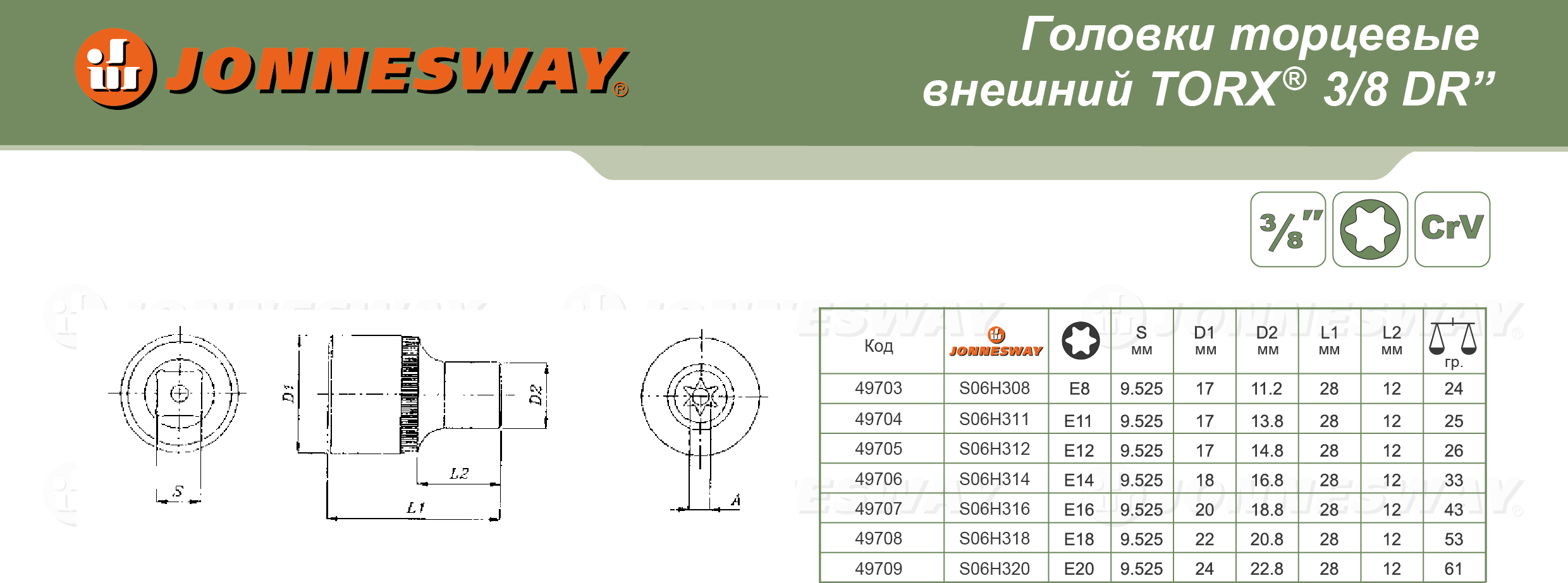 S06H318 Торцевая головка 3/8DR внешний TORX® Е-18  049708, фото 1
