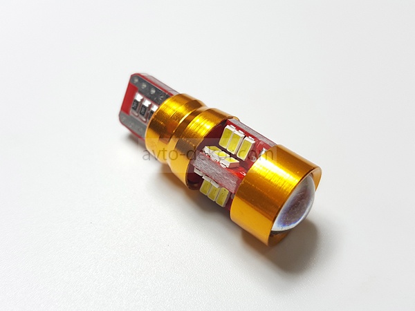 Купить Диод 12v Т10-27(3014)+линза 32мм габариты белый (27 SMD (3014)+линза диодов аналог w5w) 4*6+3 в торце, красная плата,золотой аллюминиевый корпус  AVTO-DEKOR  11047 в интернет-магазине
