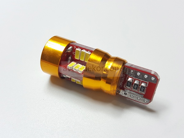 Диод 12v Т10-27(3014)+линза 32мм габариты белый (27 SMD (3014)+линза диодов аналог w5w) 4*6+3 в торце, красная плата,золотой аллюминиевый корпус  AVTO-DEKOR  11047, фото 1