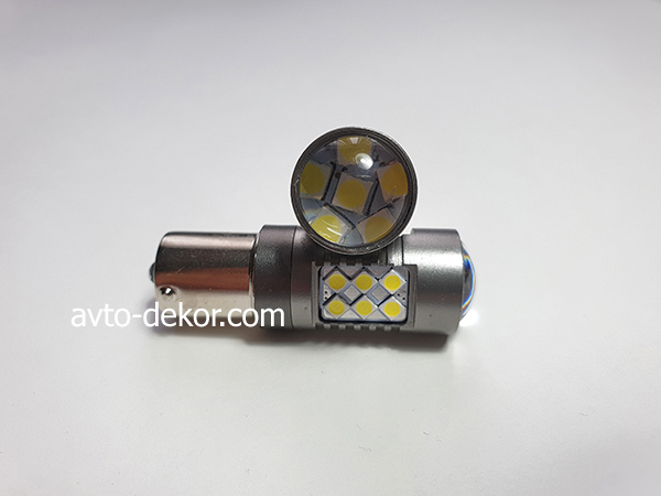 Диод 12-24v 1157-24(3030)+линза BAY15D  белый (24 диода (3030) с линзой аналог Р21/5w) 6*3+6 в торце AVTO-DEKOR  11094, фото 1