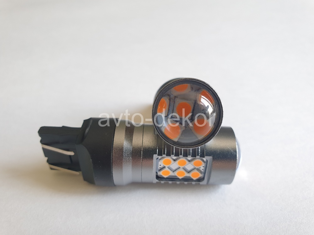 Диод T20 12-24v 7443-24(3030)+линза оранжевый (24 диода (3030) аналог w21/5w) canbus с обманкой, блок от перегрева, биполярный на 4 контакта, подходит на LADA GRANTA 6*3+4 в торце AVTO-DEKOR  11098, фото 1