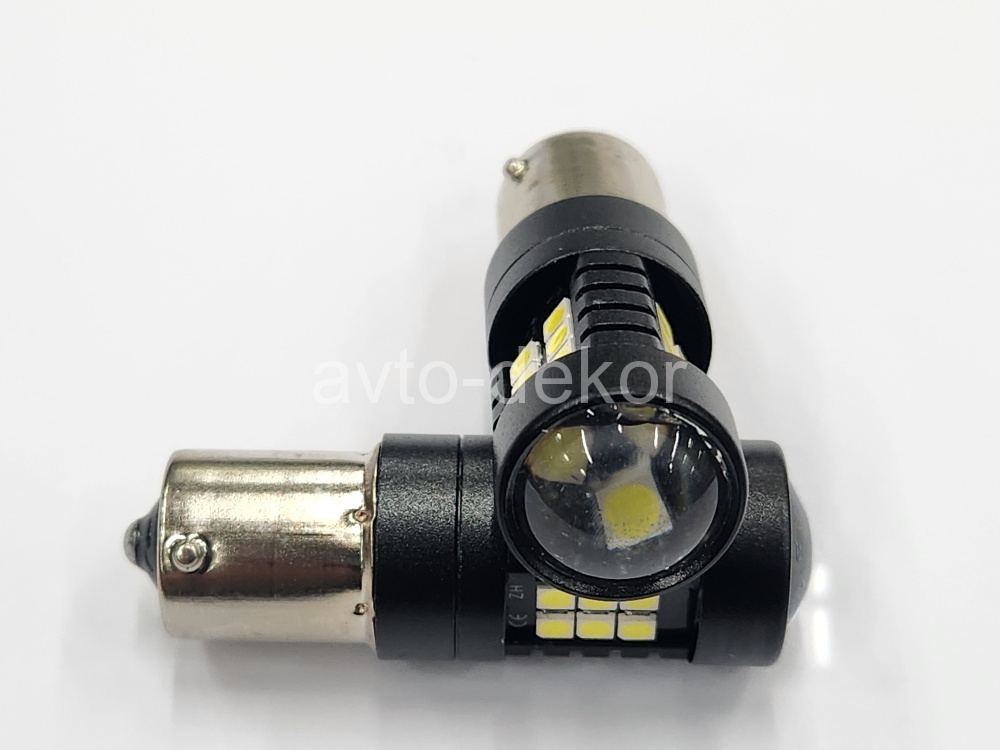 Диод 12-24v 1156-21(3030) + линза BA15S canbus с обманкой белый (21 диод (3030) аналог P21w) биполярный AVTO-DEKOR  11345, фото 1