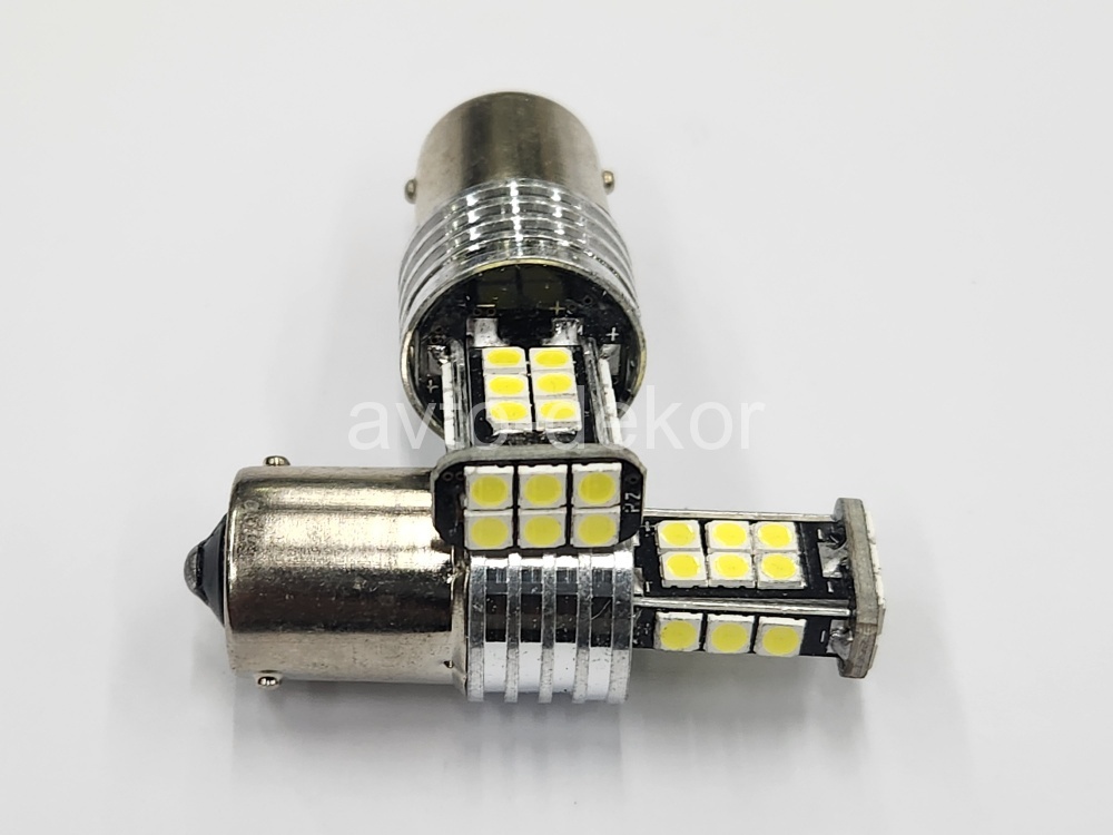 Диод 12-18v 1156-24(3030) BA15S canbus с обманкой белый (24 диода (3030) аналог P21w) с радиатором, биполярный AVTO-DEKOR  11347, фото 1