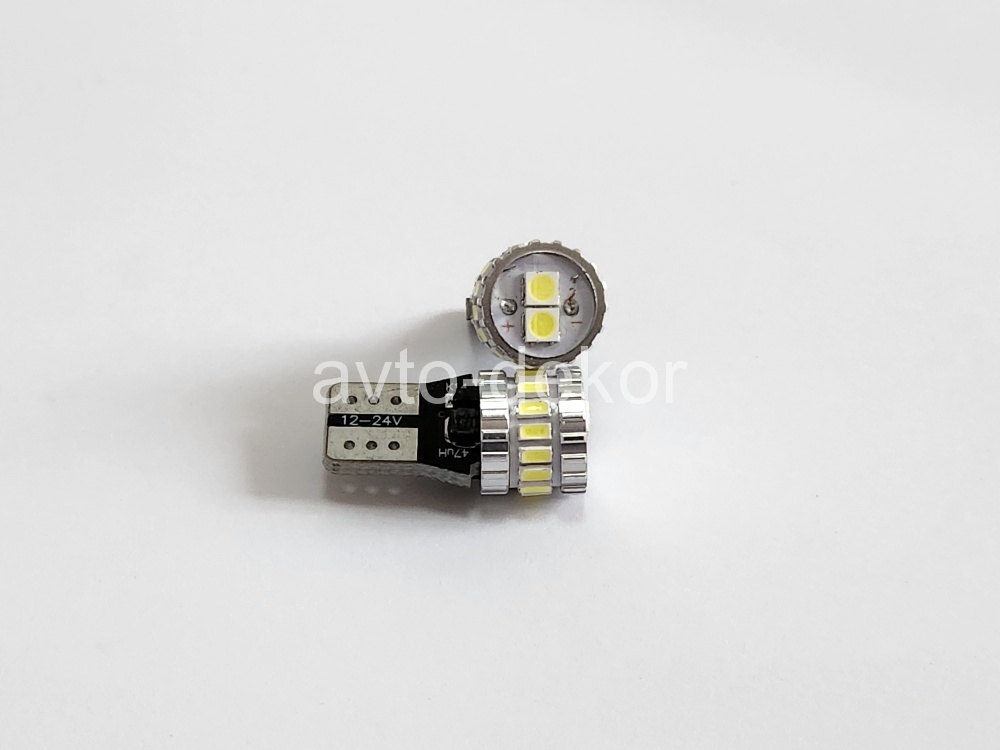 Диод 12-24v Т10-18(3014-16+3030-2) canbus с обманкой габариты белый  (16 SMD (3014)+2 SMD (3030) диодов аналог w5w) биполярный AVTO-DEKOR  11365, фото 1