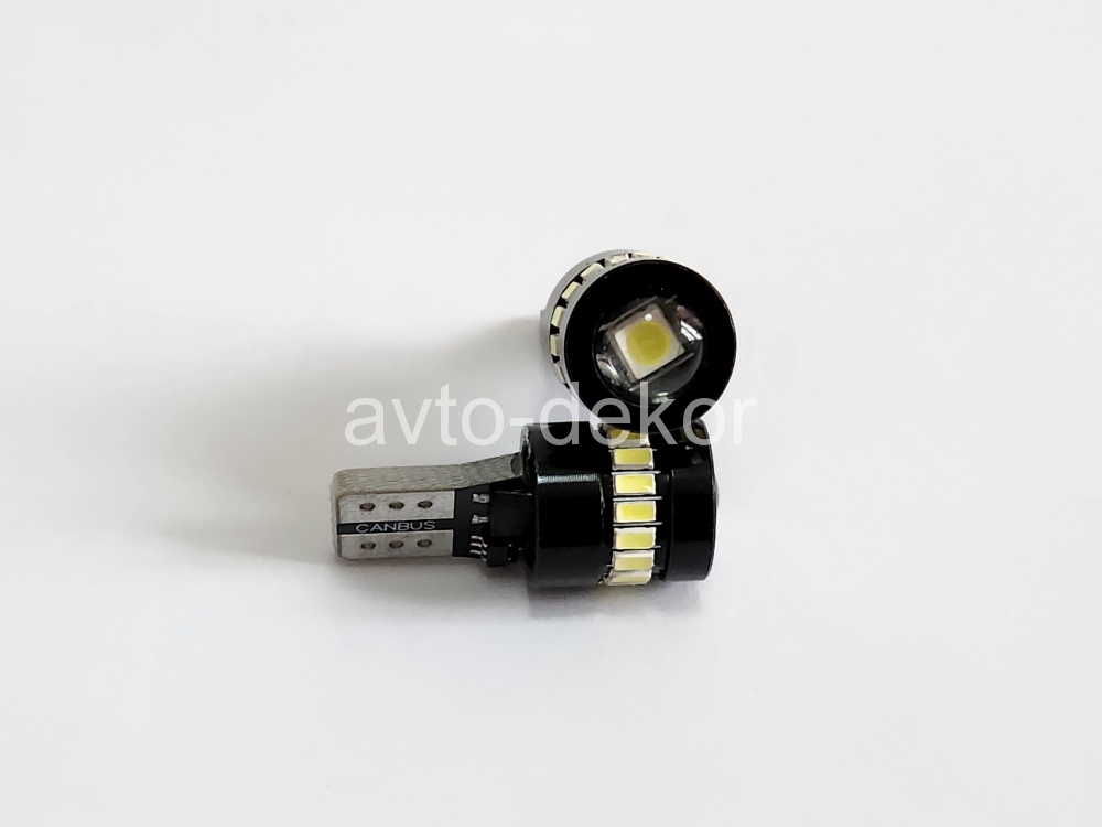 Диод 12-24v Т10-18(3014-19+3030-1)+линза canbus с обманкой габариты белый  (19 SMD (3014)+1 SMD (3030) диодов аналог w5w) биполярный AVTO-DEKOR  11366, фото 1