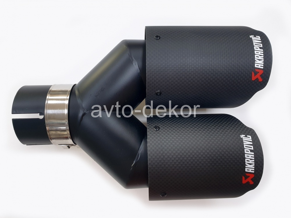 Насадка на глушитель A17 (MT-1135B-Left) 6350L Левая AKRAPOVIC Dвх-61мм, Dвых-2х91мм, Длина-252мм, Ширина-186, карбон+нержавеющая сталь, черный матовый, со скосом, с вырезом  17617, фото 1