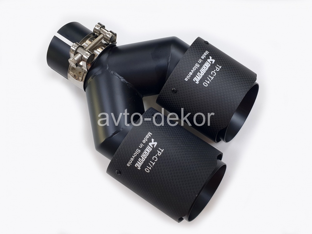 Насадка на глушитель A17 (MT-1135B-Left) 6350L Левая AKRAPOVIC Dвх-61мм, Dвых-2х91мм, Длина-252мм, Ширина-186, карбон+нержавеющая сталь, черный матовый, со скосом, с вырезом  17617, фото 2