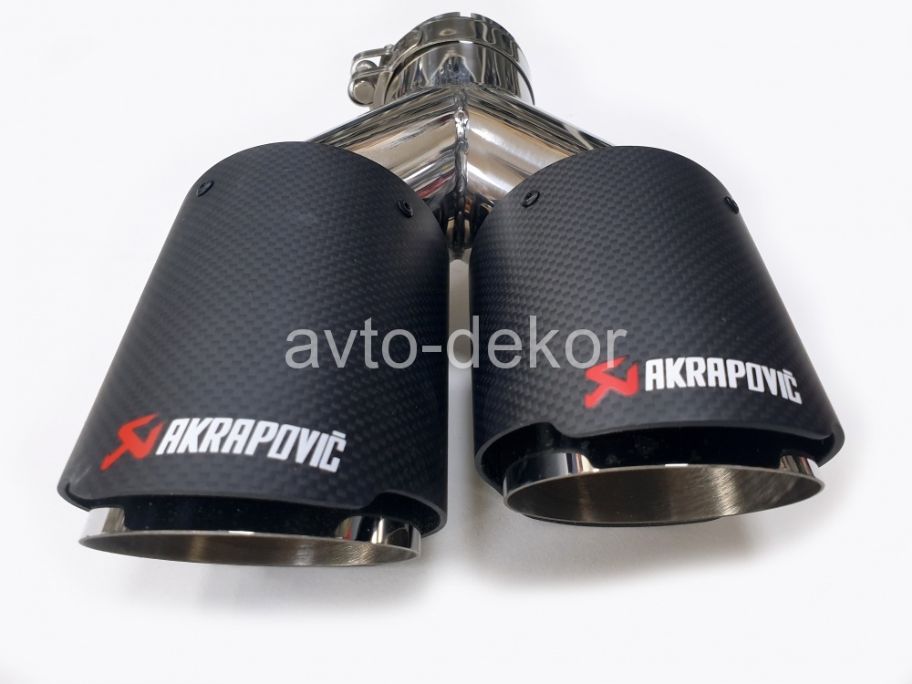 Купить Насадка на глушитель 6350 Правая AKRAPOVIC Dвх-63мм, Dвых-2х101мм, Длина-252мм,  Ширина-210мм, карбон+нержавеющая сталь, со скосом, с вырезом  21579 в интернет-магазине